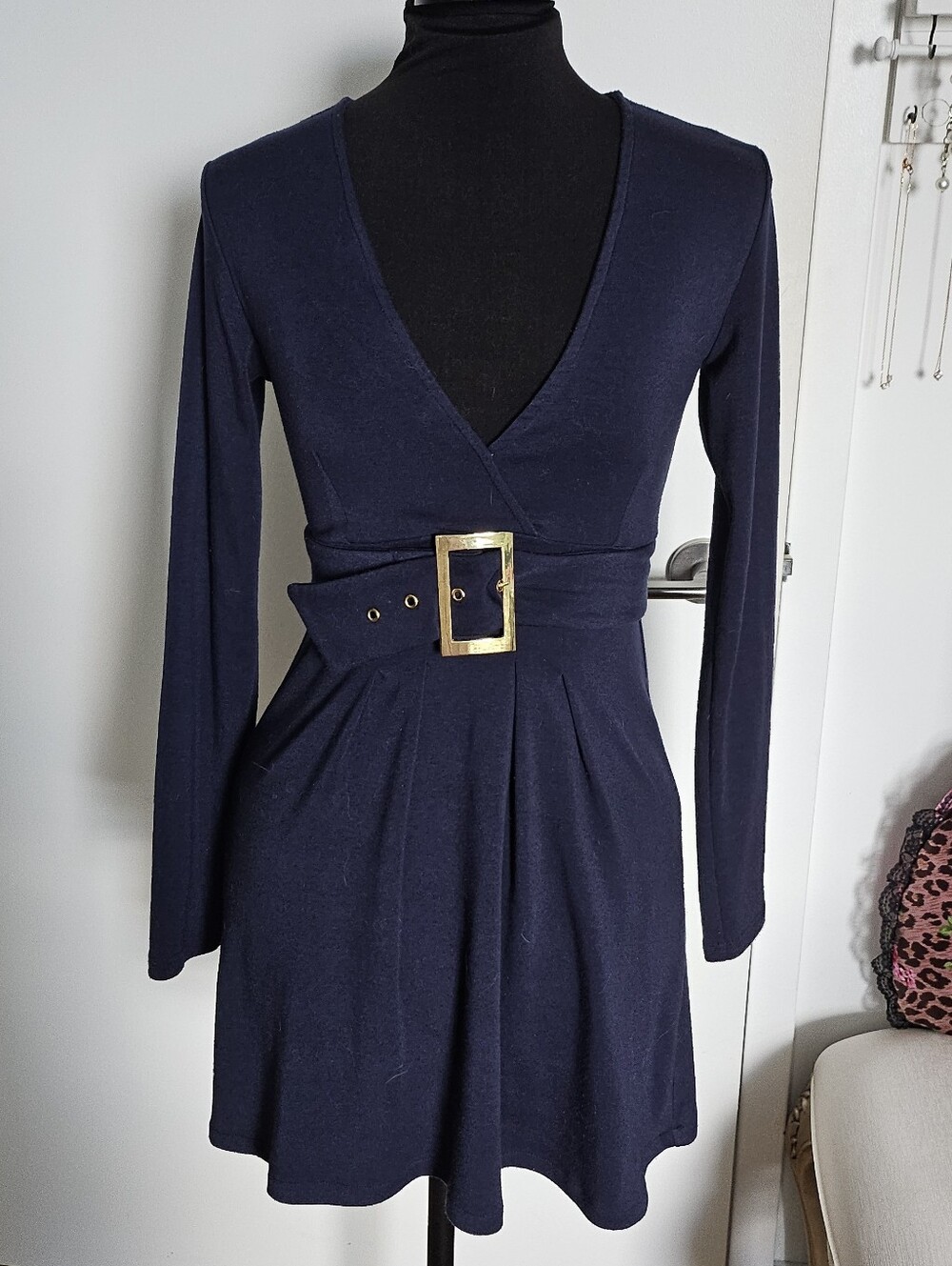 Rienda Gyaru Navy Long-Sleeve V-Neck Belted A Line Dress